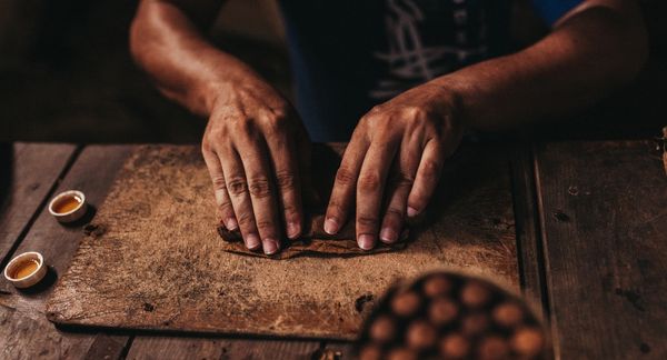 Two hands rolling cigars on a table